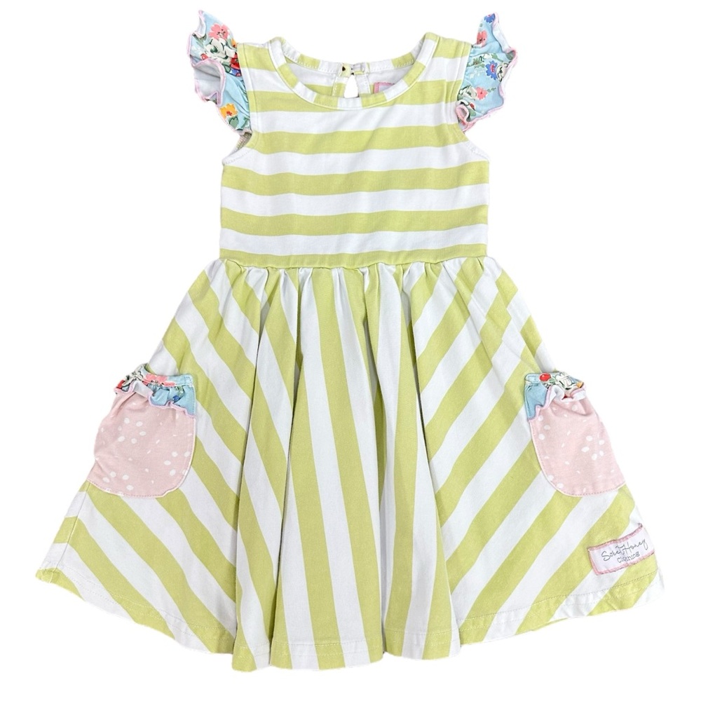 Sweet Honey 18 month green striped dress short floral ruffle sleeves EUC